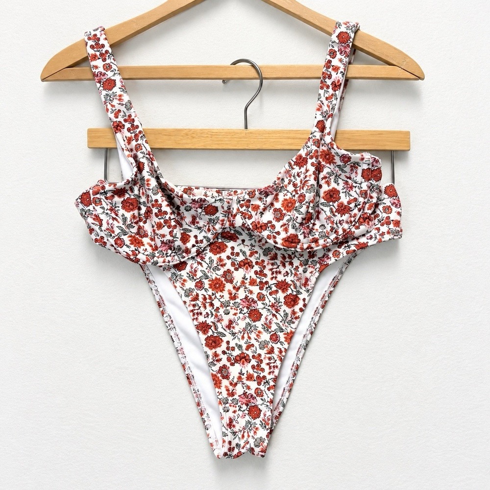 Abercrombie & Fitch Bikini Set Red Floral Underwire Top High-Leg Bottom Size S